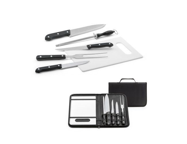 BOTALY. Kit churrasco em estojo de nylon 210D com tábua em PP e 5 utensílios em aço inox e PP