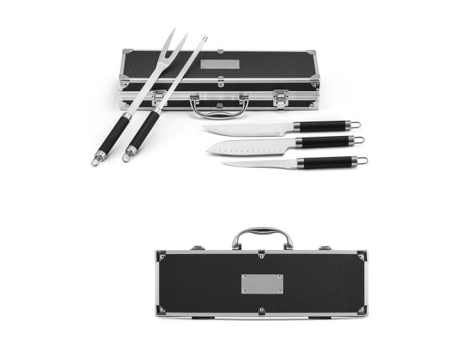 VALASTRO. Kit churrasco em estojo de alumínio com 5 utensílios em aço inox e alumínio