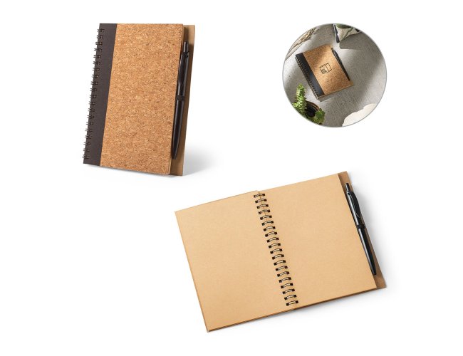 VICENTE. Caderno B6 em cortia e polister 100% reciclado (100% rPET) com pginas lisas recicladas