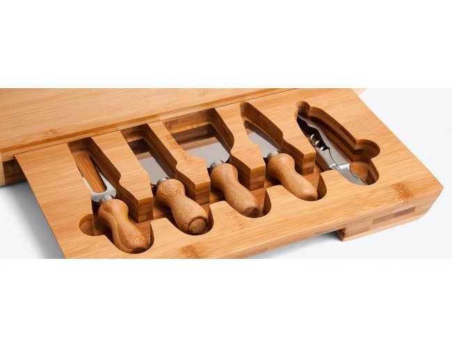 KIT PARA QUEIJO EM BAMBU / INOX COM ABRIDOR DE VINHO 6 PS