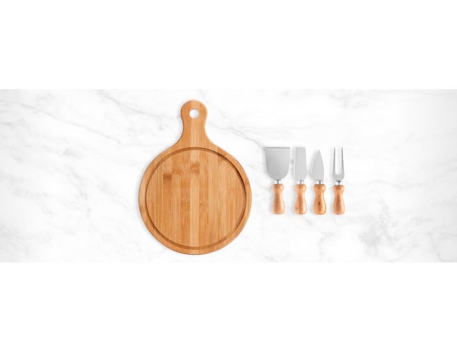 KIT PARA QUEIJO EM BAMBU E INOX COM TBUA REDONDA 5 PS